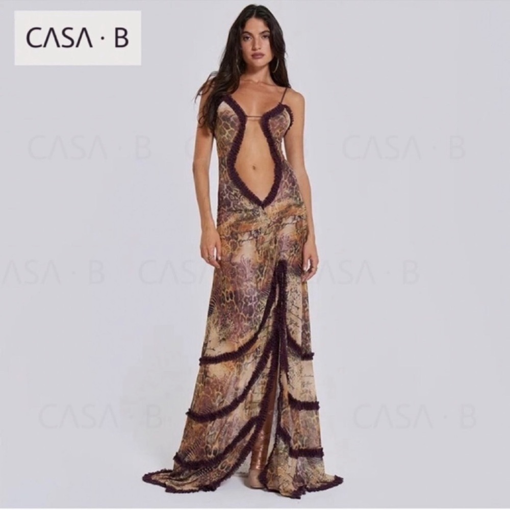 5⭐️CASA B| Seraphina Sheer Cut-Out Frill Leopard Script Print Maxi Dress - Picture 12 of 15